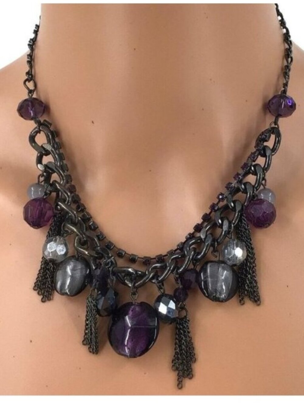 Beaded Fringe Necklace Dark Gray Black Purple Rhinestone Glass Beads Tassels